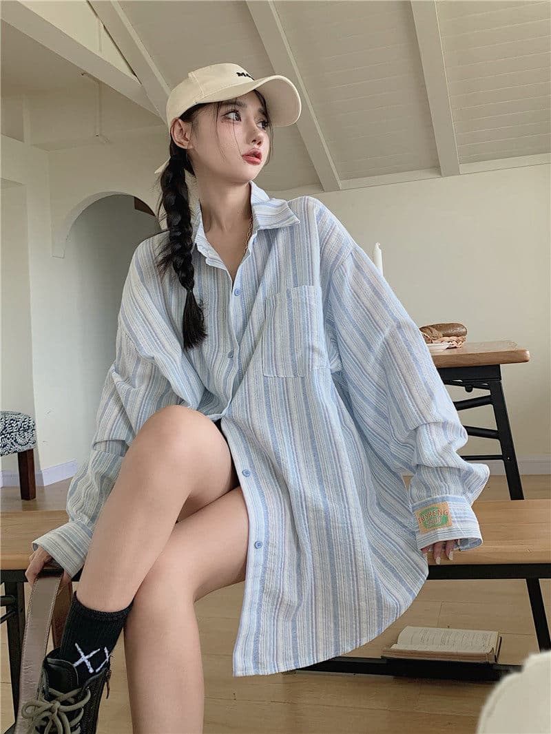 원본 원단 솜씨 얇은 스타일 셔츠 맨위 디자인 센스 루즈핏 느긋한 긴팔 스트라이프 카디건 코트 상세 이미지 5