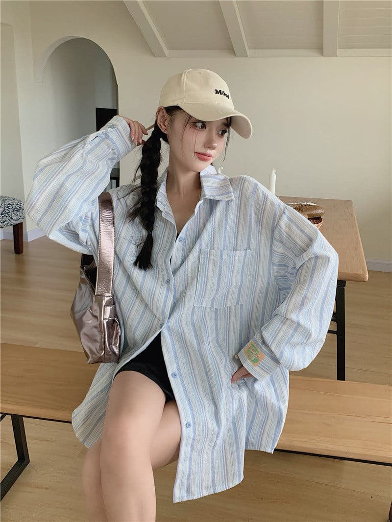 원본 원단 솜씨 얇은 스타일 셔츠 맨위 디자인 센스 루즈핏 느긋한 긴팔 스트라이프 카디건 코트 상세 이미지 7