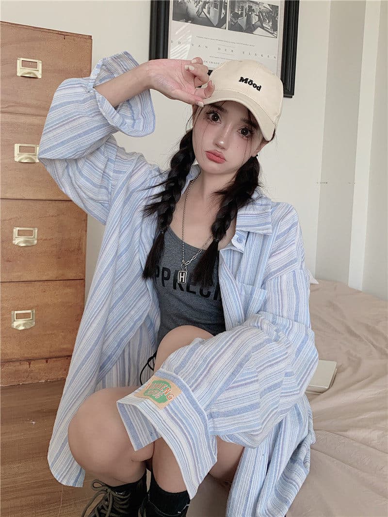 원본 원단 솜씨 얇은 스타일 셔츠 맨위 디자인 센스 루즈핏 느긋한 긴팔 스트라이프 카디건 코트 상세 이미지 12