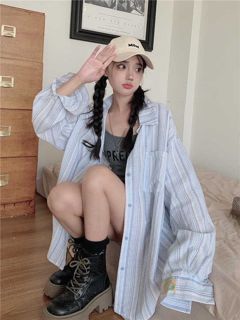 원본 원단 솜씨 얇은 스타일 셔츠 맨위 디자인 센스 루즈핏 느긋한 긴팔 스트라이프 카디건 코트 상세 이미지 16