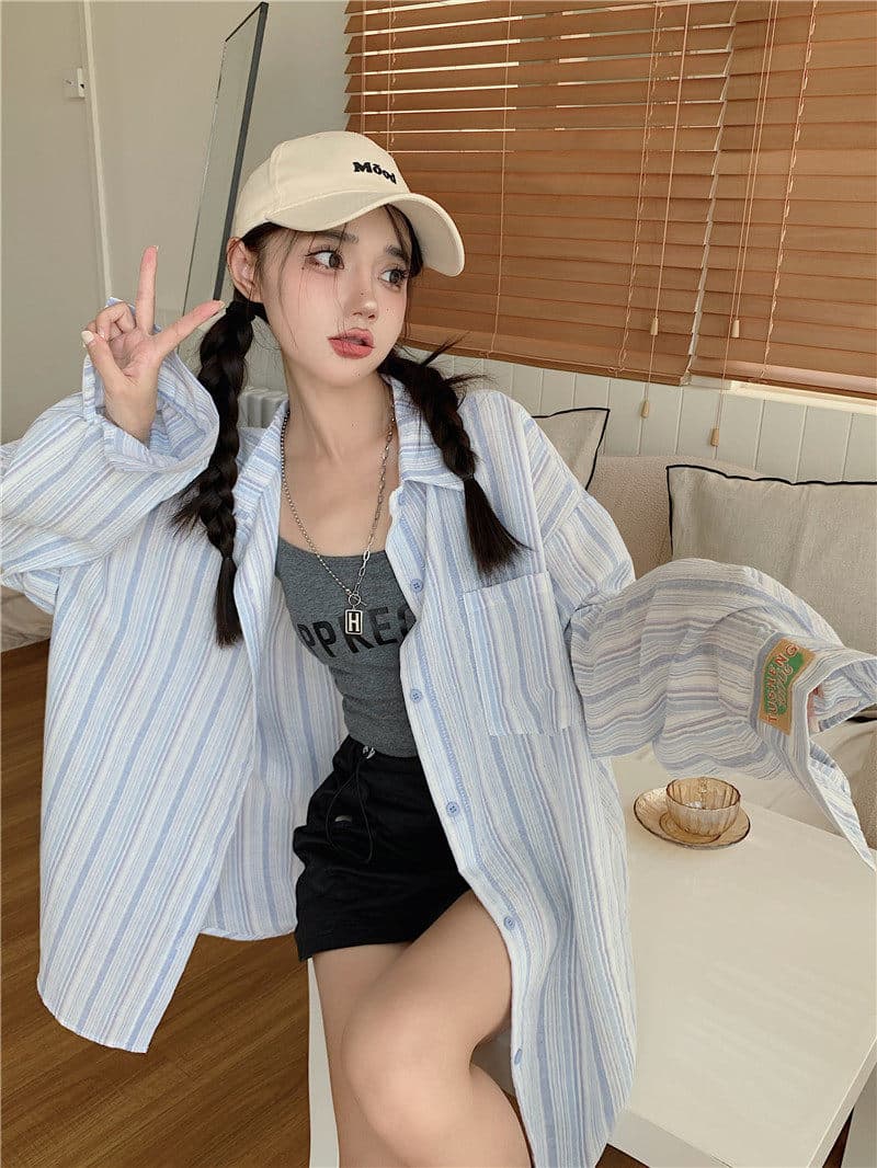 원본 원단 솜씨 얇은 스타일 셔츠 맨위 디자인 센스 루즈핏 느긋한 긴팔 스트라이프 카디건 코트 상세 이미지 17