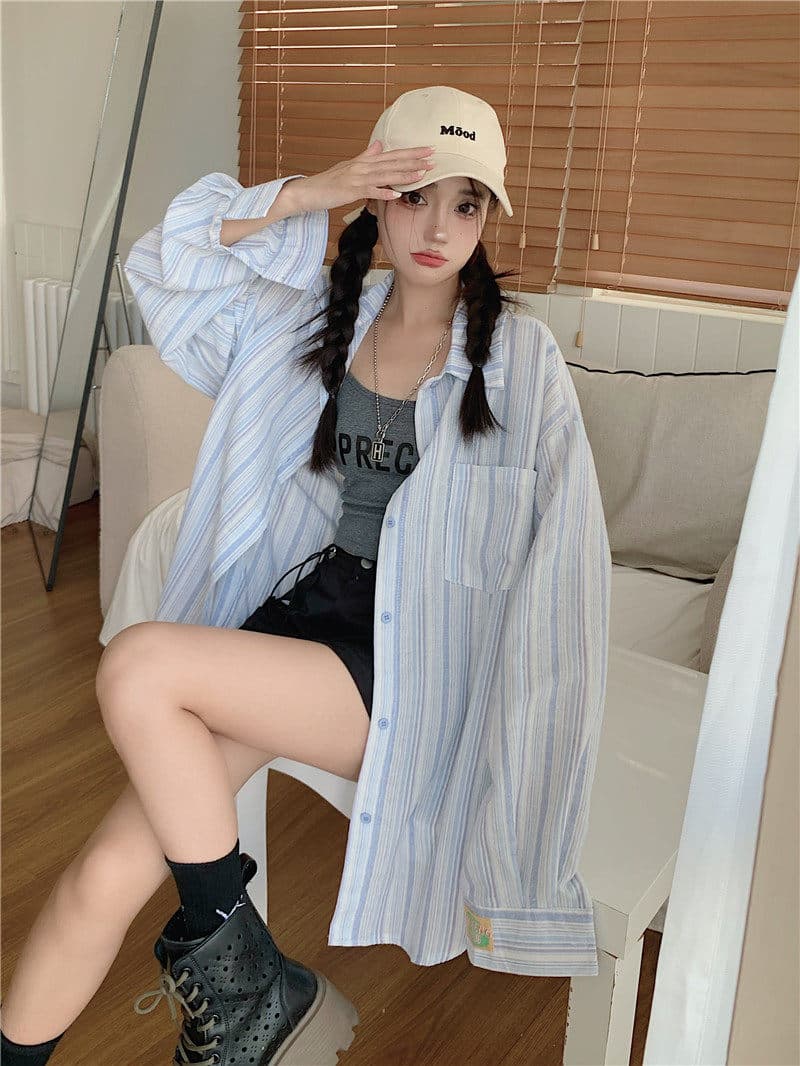 원본 원단 솜씨 얇은 스타일 셔츠 맨위 디자인 센스 루즈핏 느긋한 긴팔 스트라이프 카디건 코트 상세 이미지 18