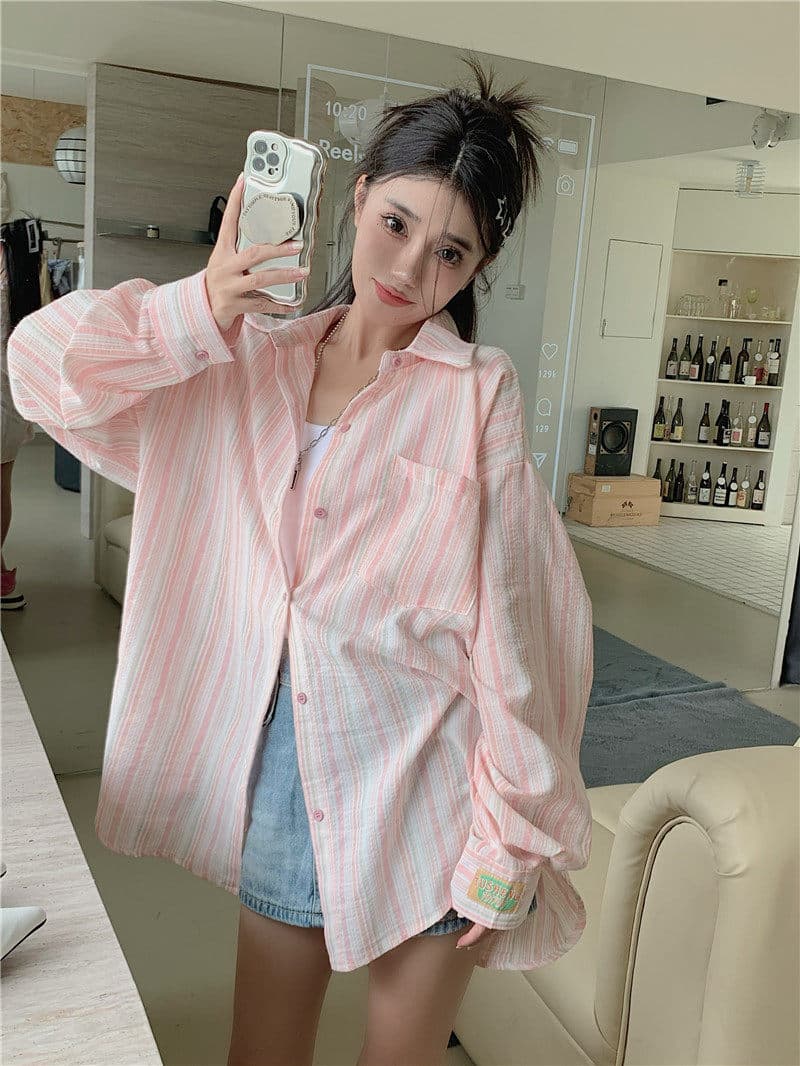 원본 원단 솜씨 얇은 스타일 셔츠 맨위 디자인 센스 루즈핏 느긋한 긴팔 스트라이프 카디건 코트 상세 이미지 21