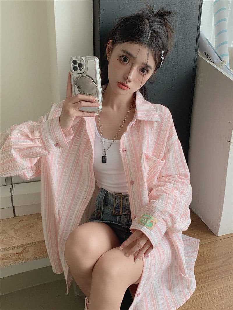 원본 원단 솜씨 얇은 스타일 셔츠 맨위 디자인 센스 루즈핏 느긋한 긴팔 스트라이프 카디건 코트 상세 이미지 26