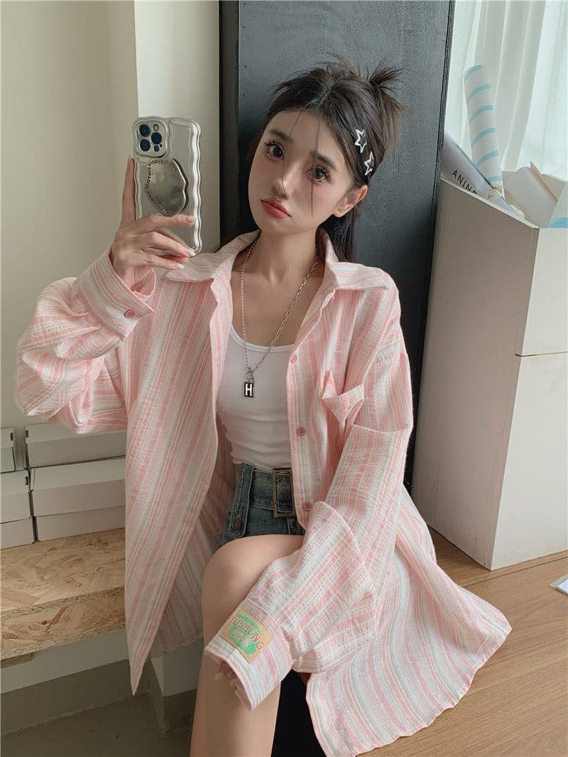 원본 원단 솜씨 얇은 스타일 셔츠 맨위 디자인 센스 루즈핏 느긋한 긴팔 스트라이프 카디건 코트 상세 이미지 28