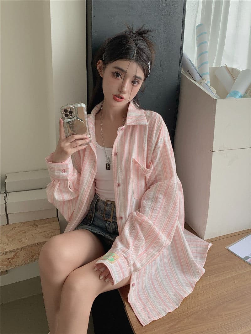 원본 원단 솜씨 얇은 스타일 셔츠 맨위 디자인 센스 루즈핏 느긋한 긴팔 스트라이프 카디건 코트 상세 이미지 29