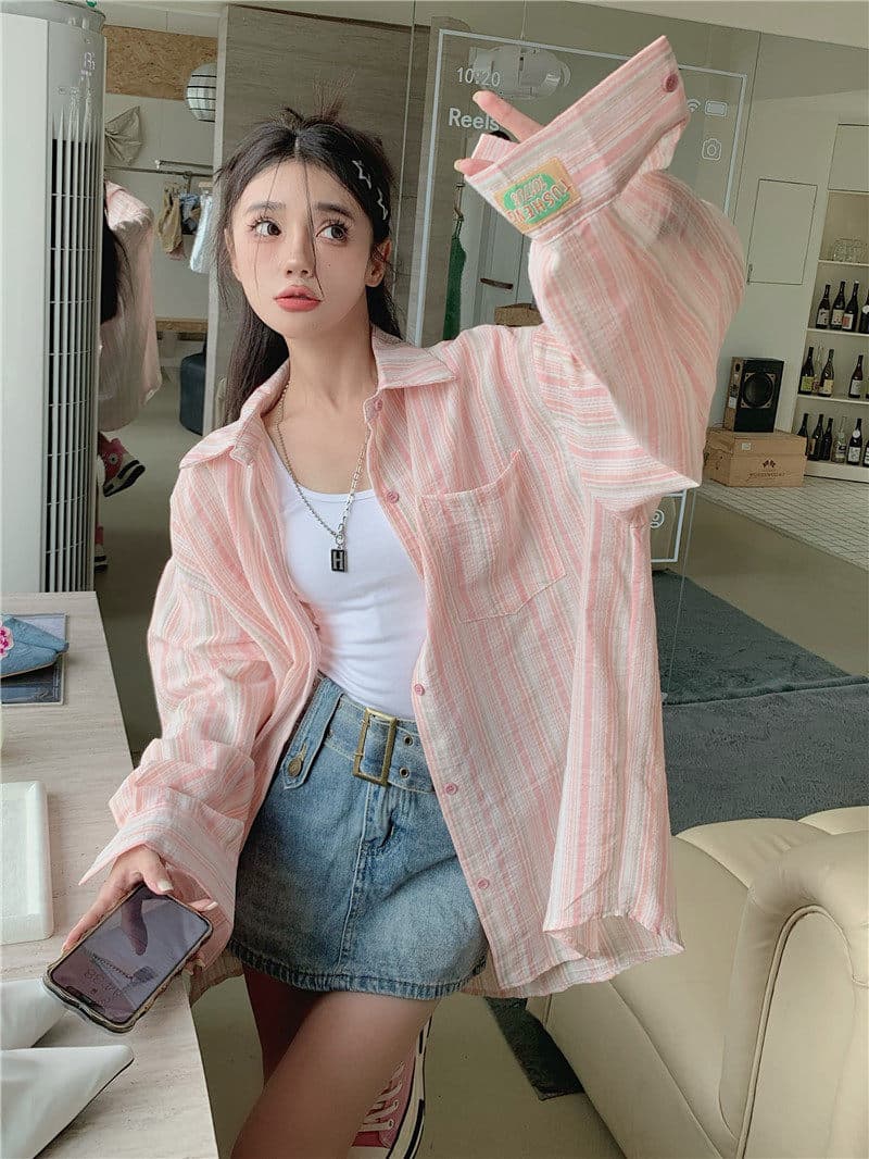 원본 원단 솜씨 얇은 스타일 셔츠 맨위 디자인 센스 루즈핏 느긋한 긴팔 스트라이프 카디건 코트 상세 이미지 32