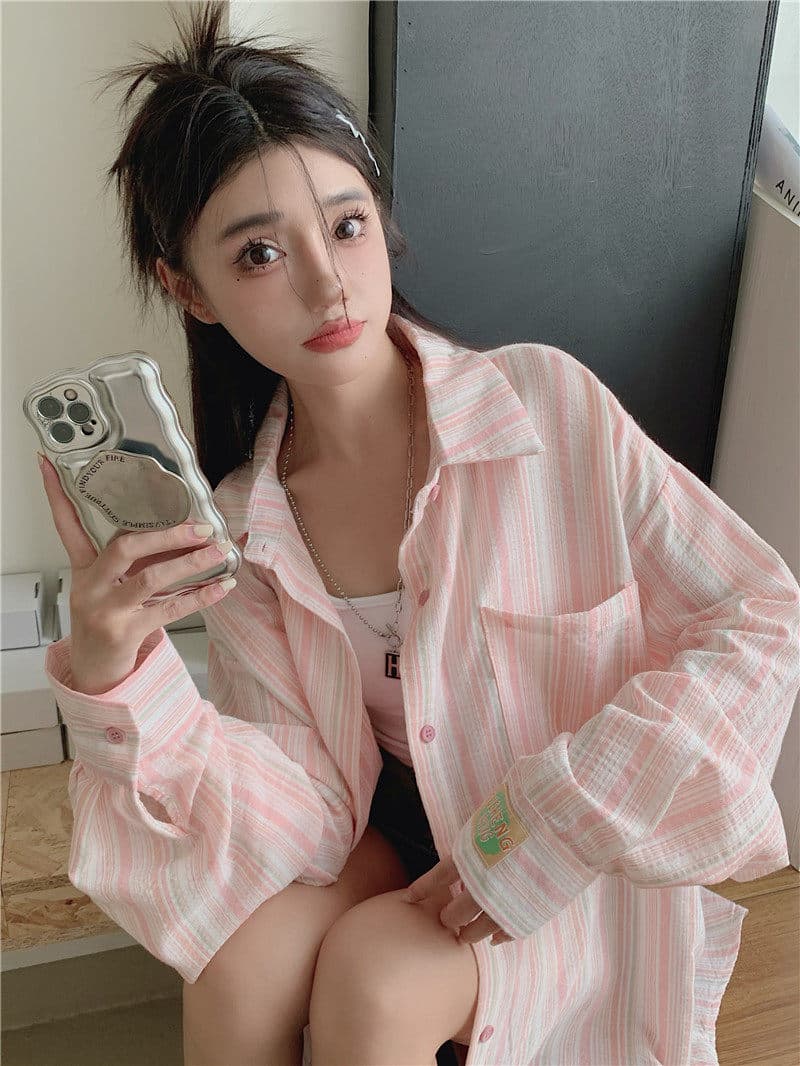 원본 원단 솜씨 얇은 스타일 셔츠 맨위 디자인 센스 루즈핏 느긋한 긴팔 스트라이프 카디건 코트 상세 이미지 34