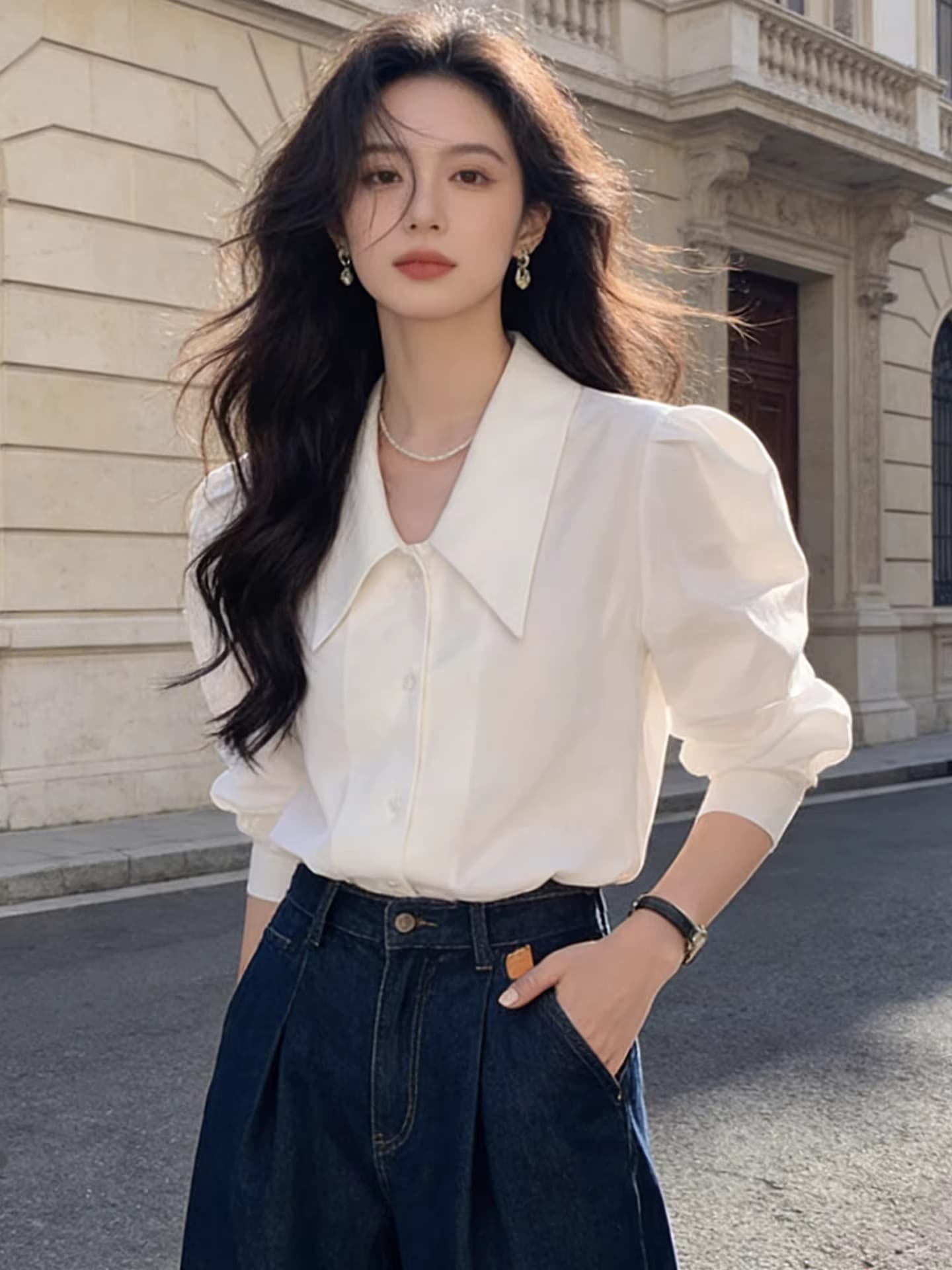 프랑스식 레트로 고급 센스 품격 미니멀리즘 다용도 긴팔 기본 셔츠 거품 소매 셔츠 맨위 상세 이미지 9