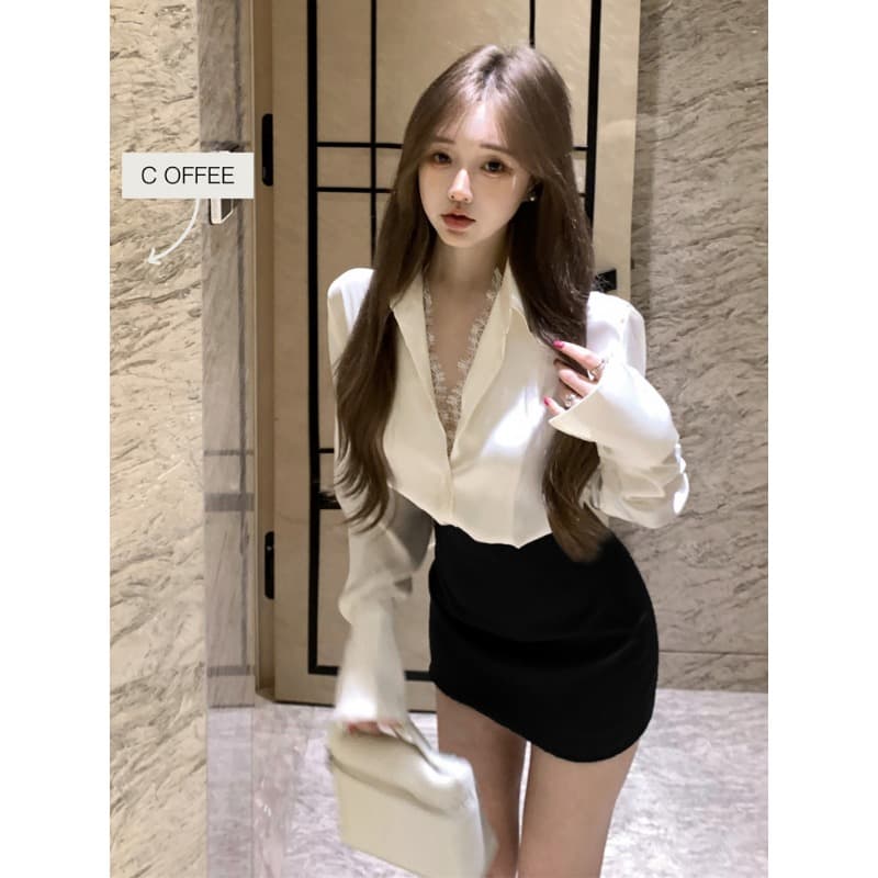 좋은 품질 화이트 레이스 조각 긴팔 여성 셔츠 새로운 천 골드 고급 센스 빛 럭셔리 연령 감소 맨위 이미지 3