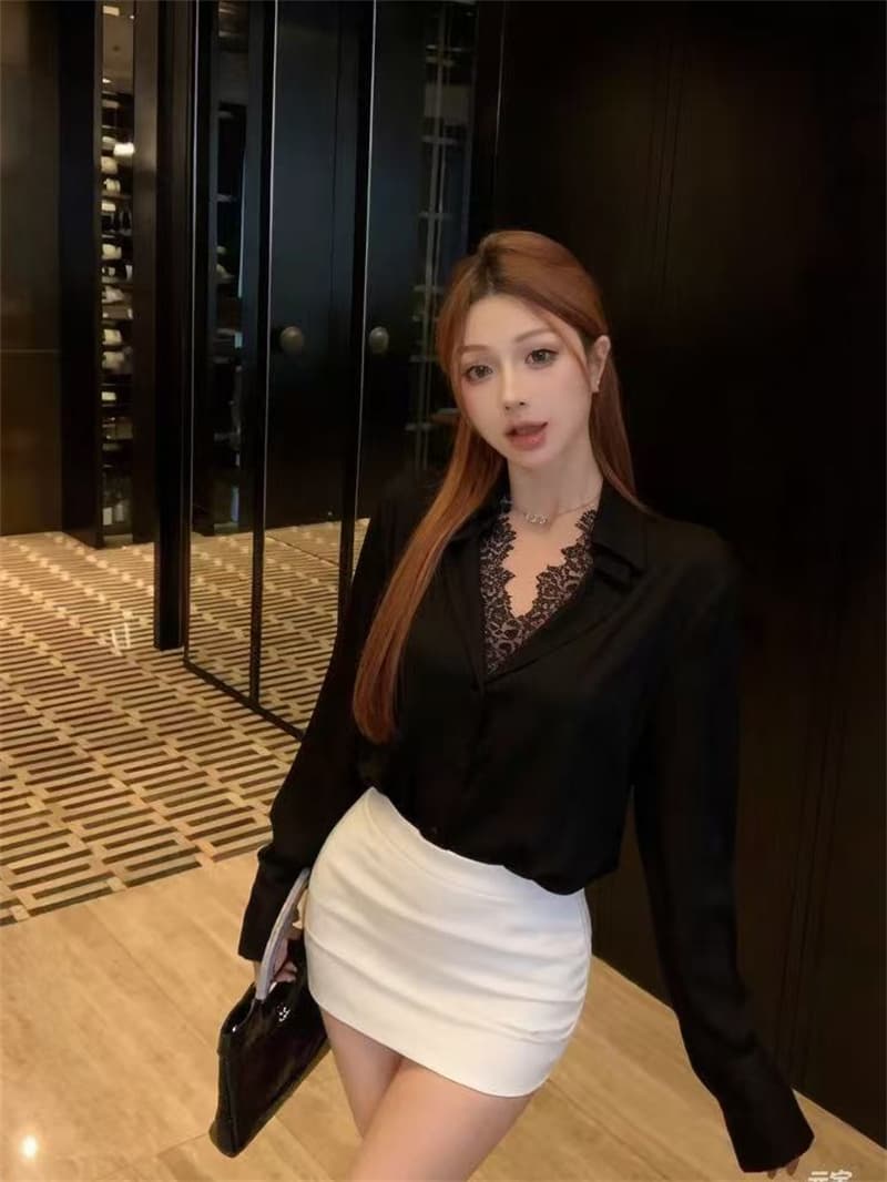 좋은 품질 화이트 레이스 조각 긴팔 여성 셔츠 새로운 천 골드 고급 센스 빛 럭셔리 연령 감소 맨위 상세 이미지 18