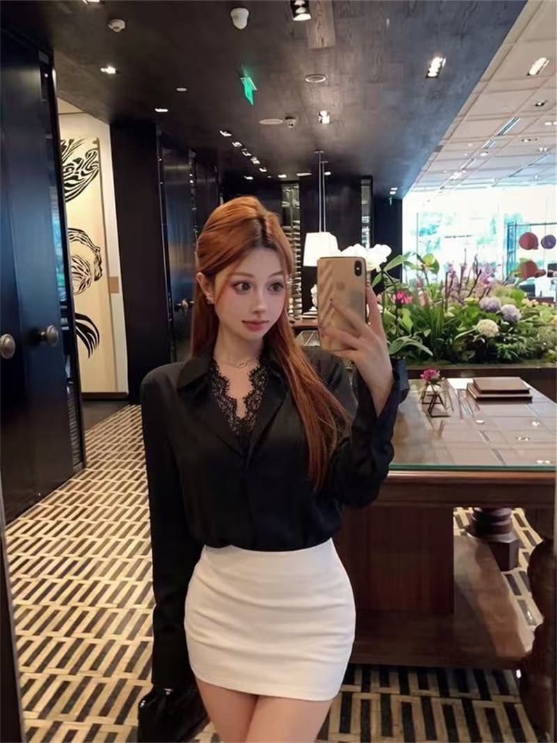 좋은 품질 화이트 레이스 조각 긴팔 여성 셔츠 새로운 천 골드 고급 센스 빛 럭셔리 연령 감소 맨위 상세 이미지 19