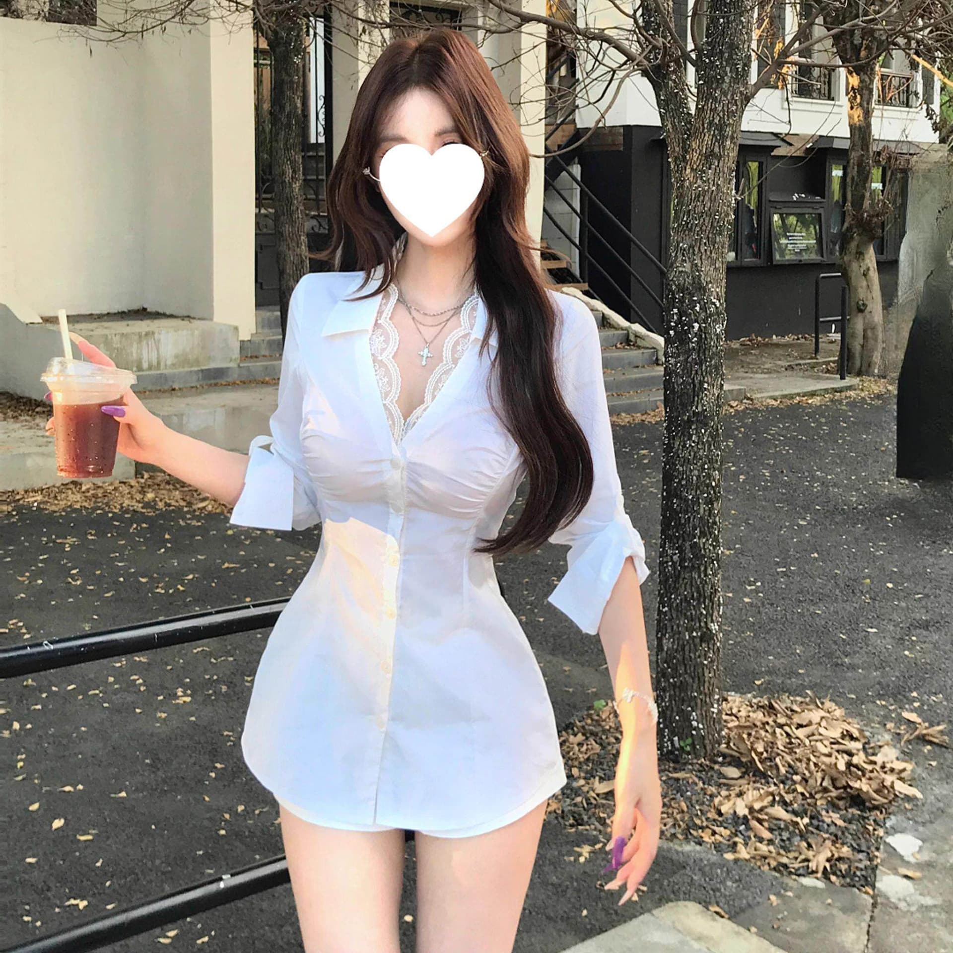 거룩한 화이트 드레스 순수한 욕망 핫걸 레이스 측면 패치워크 여성 셔츠 몸매 가꾸기 품격 고급 센스 맨위 셔츠 상세 이미지 6