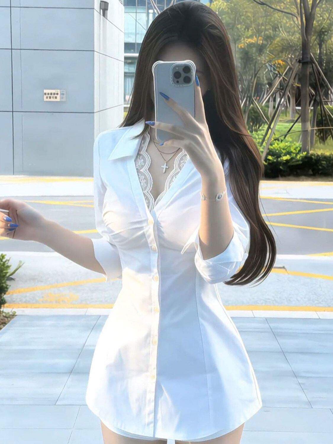 고급 센스 작은 대중 레이스 측면 여성 셔츠 봄 여름 새로운 순수한 욕망 핫걸 몸매 가꾸기 품격 중간 길이 맨위 상세 이미지 7