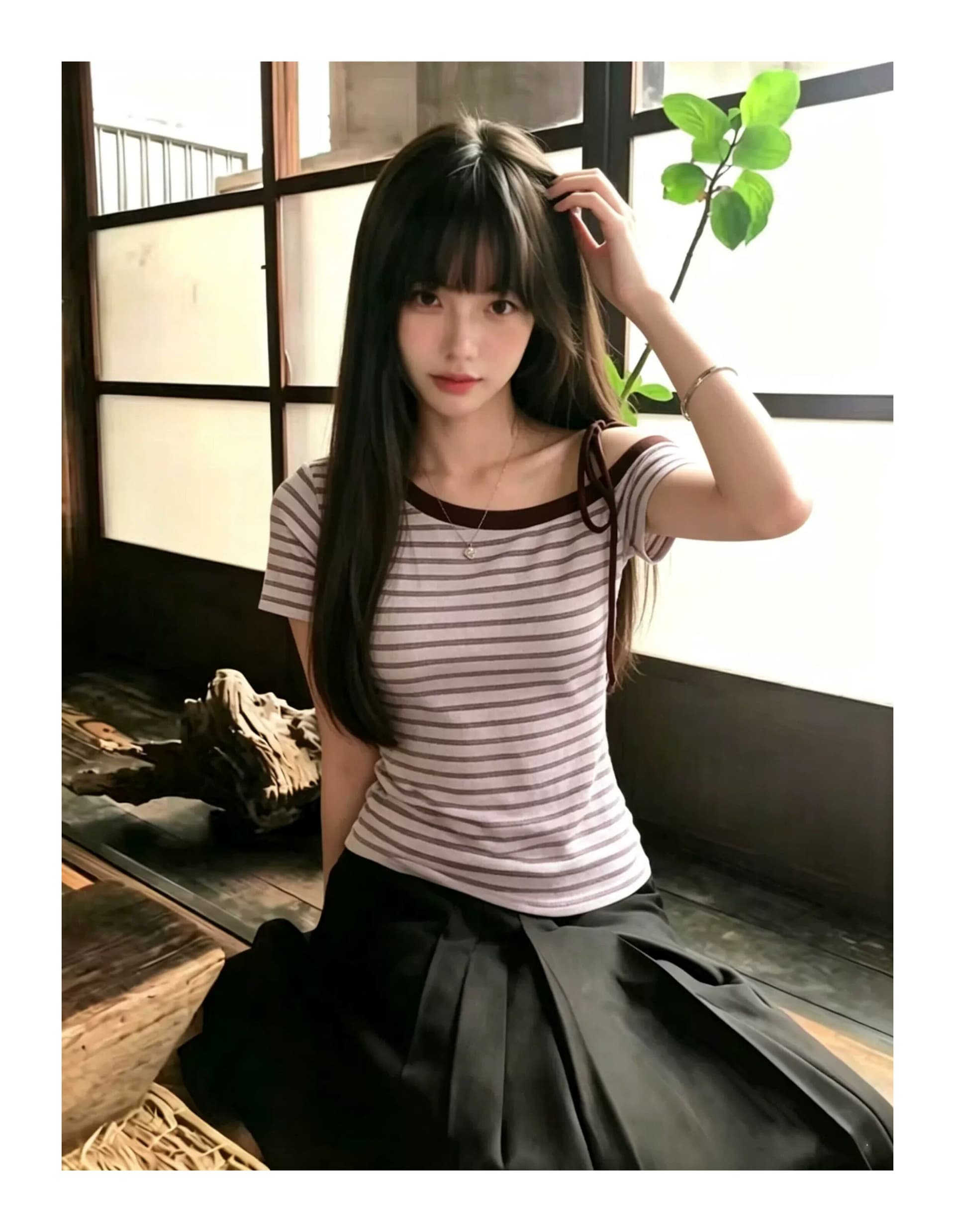 한 부서 레트로 스트라이프 비스듬한 어깨 반팔 티셔츠 여성 여름 느긋한 바람 빅 사이즈 몸매 가꾸기 슬림해 보이는 오프숄더 맨위 상세 이미지 5