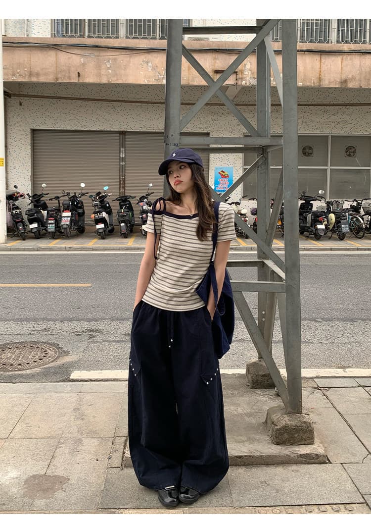 한 부서 레트로 스트라이프 비스듬한 어깨 반팔 티셔츠 여성 여름 느긋한 바람 빅 사이즈 몸매 가꾸기 슬림해 보이는 오프숄더 맨위 상세 이미지 7