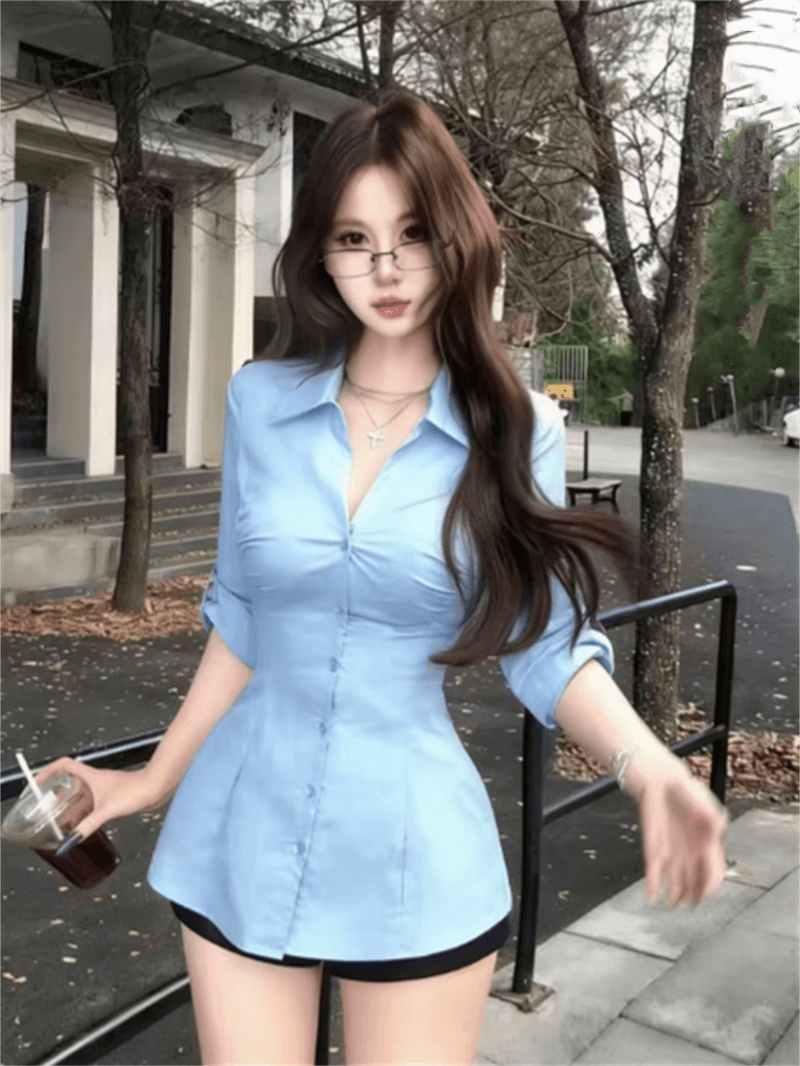 거룩한 화이트 드레스 순수한 욕망 핫걸 레이스 측면 패치워크 여성 셔츠 몸매 가꾸기 품격 고급 센스 맨위 셔츠 이미지 2