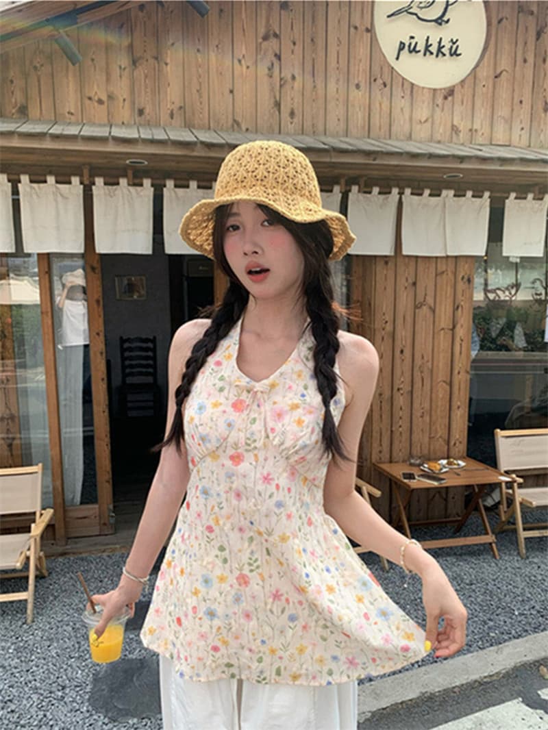 원본 자수 원단 프랑스식 레트로 꽃무늬 조끼 여름 작은 대중 몸매 가꾸기 뒤로 스트랩 맨위 상세 이미지 9