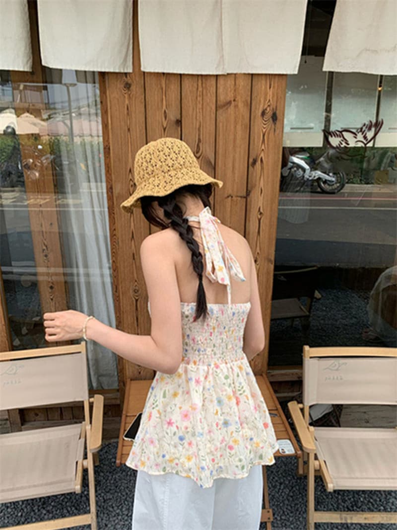 원본 자수 원단 프랑스식 레트로 꽃무늬 조끼 여름 작은 대중 몸매 가꾸기 뒤로 스트랩 맨위 상세 이미지 12