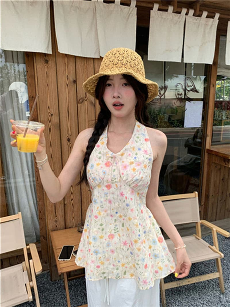 원본 자수 원단 프랑스식 레트로 꽃무늬 조끼 여름 작은 대중 몸매 가꾸기 뒤로 스트랩 맨위 상세 이미지 14