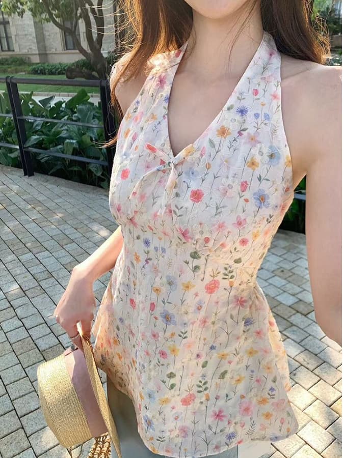 원본 자수 원단 프랑스식 레트로 꽃무늬 조끼 여름 휴가 바람 몸매 가꾸기 뒤로 스트랩 맨위 상세 이미지 2