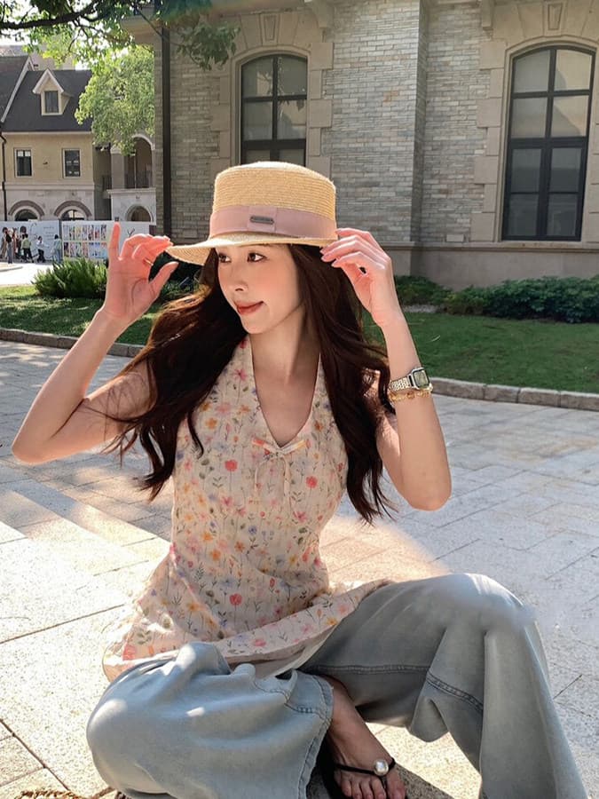원본 자수 원단 프랑스식 레트로 꽃무늬 조끼 여름 휴가 바람 몸매 가꾸기 뒤로 스트랩 맨위 상세 이미지 9
