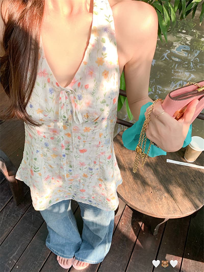 원본 자수 원단 프랑스식 꽃무늬 행침 목 조끼 여름 휴가 바람 프린트 슬립 작은 셔츠 상세 이미지 3