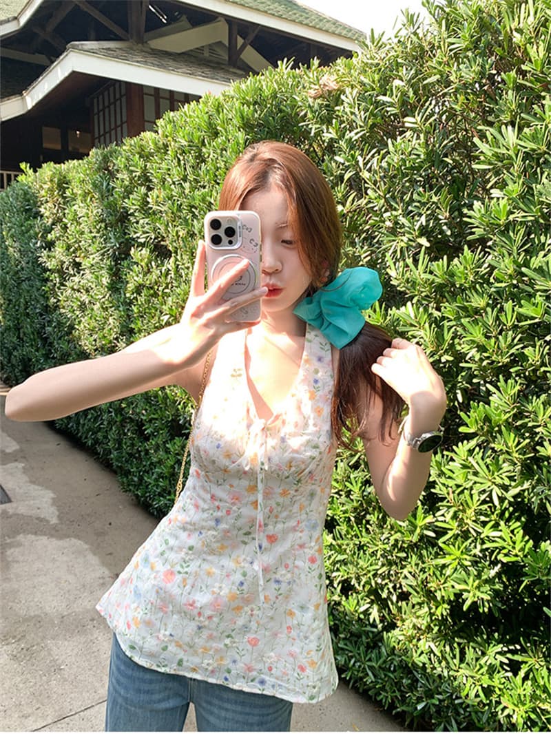 원본 자수 원단 프랑스식 꽃무늬 행침 목 조끼 여름 휴가 바람 프린트 슬립 작은 셔츠 상세 이미지 10