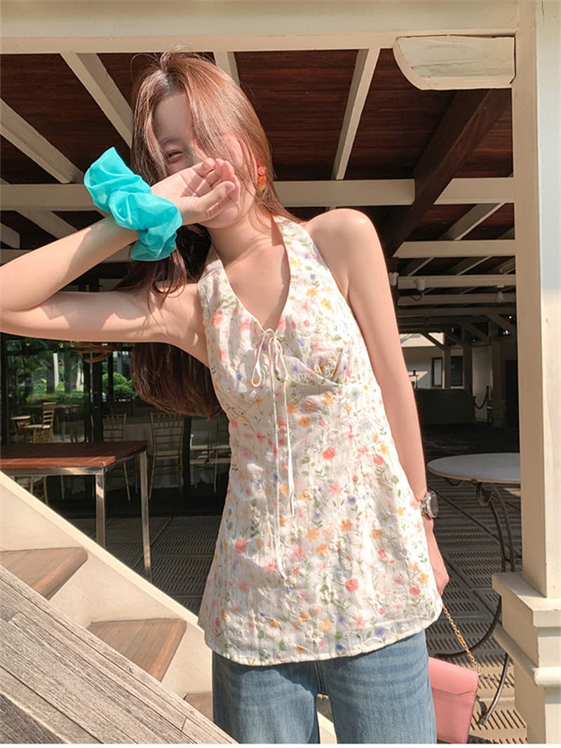 원본 자수 원단 프랑스식 꽃무늬 행침 목 조끼 여름 휴가 바람 프린트 슬립 작은 셔츠 상세 이미지 11