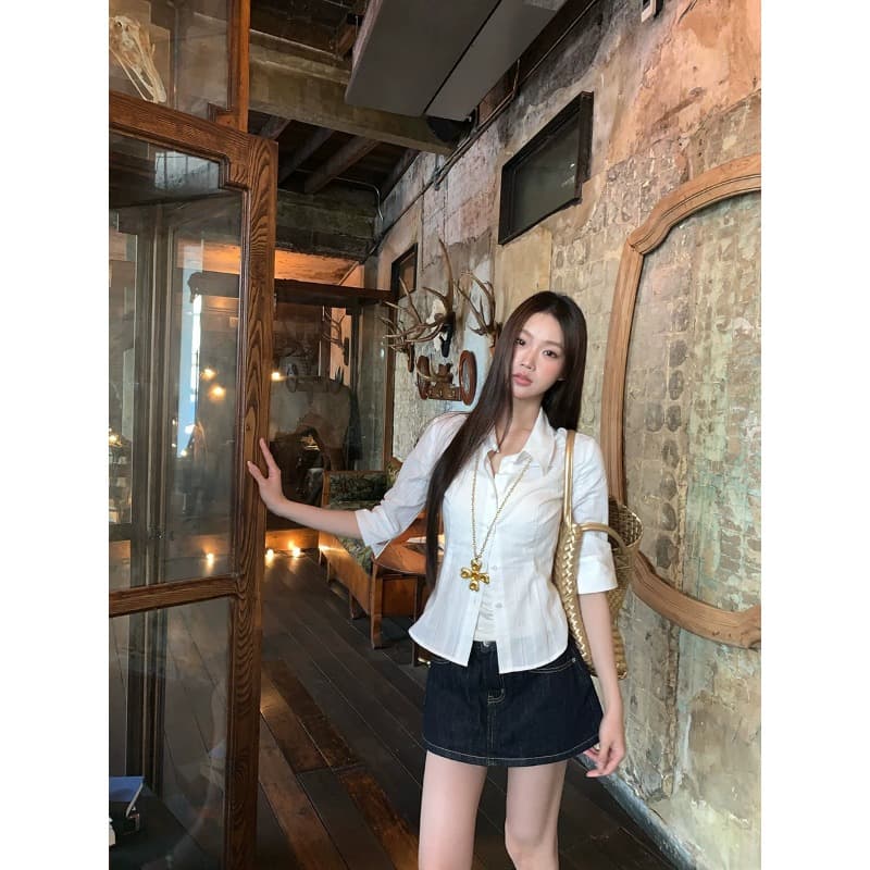 원본 자카드 원단 화이트 여성 셔츠 여름 새로운 고급 센스 빛 럭셔리 연령 감소 외국 가스 셔츠 이미지 5