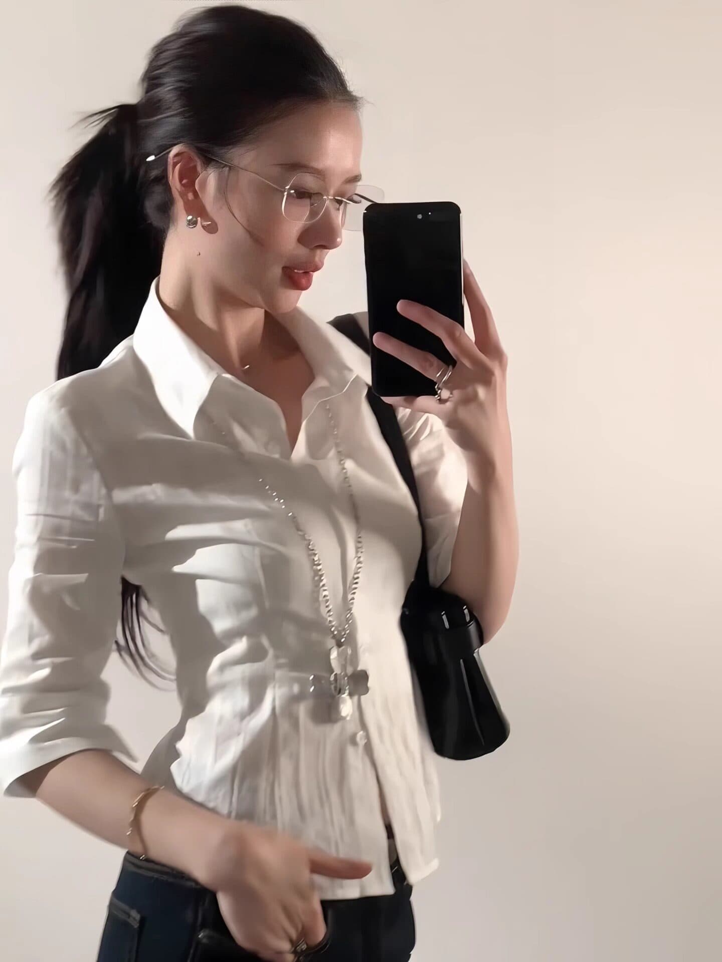 원본 자카드 원단 한 부서 화이트 POLO 칼라 여성 셔츠 여름 몸매 가꾸기 품격 허리 수축 얇은 스타일 이미지 3