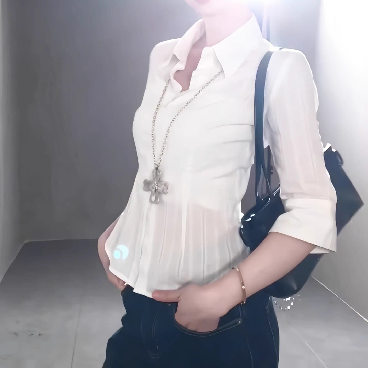 원본 자카드 원단 한 부서 화이트 POLO 칼라 여성 셔츠 여름 몸매 가꾸기 품격 허리 수축 얇은 스타일 이미지 5
