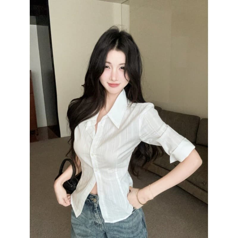 원본 자카드 원단 화이트 중간 소매 셔츠 자매 부서 높음 지혜 센스 셔츠 몸매 가꾸기 허리 수축 맨위 이미지 3
