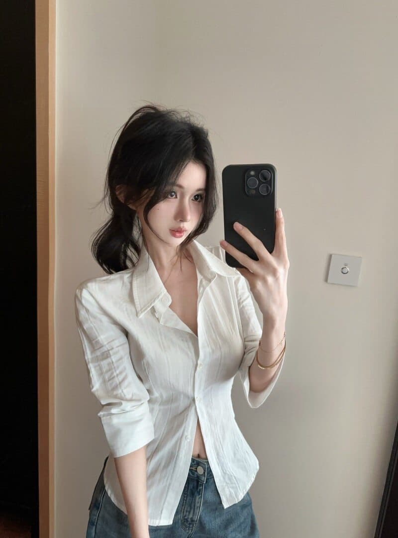 원본 자카드 원단 화이트 중간 소매 셔츠 자매 부서 높음 지혜 센스 셔츠 몸매 가꾸기 허리 수축 맨위 상세 이미지 10