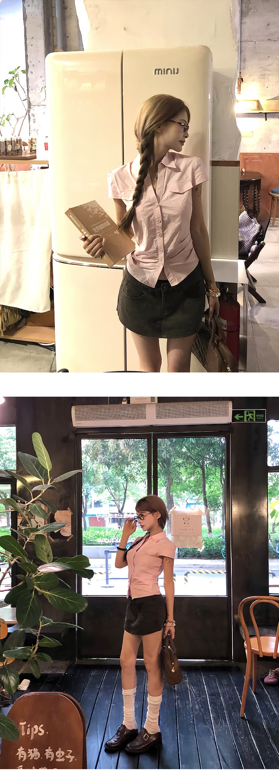 순면 원단 고급 센스 격자 무늬 셔츠 여름 핫걸 허리 수축 몸매 가꾸기 품격 반팔 맨위 여성 상세 이미지 7