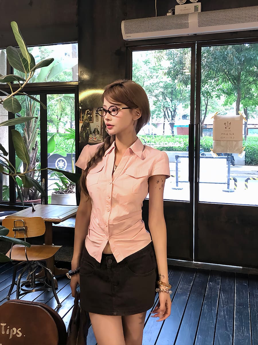 순면 원단 고급 센스 격자 무늬 셔츠 여름 핫걸 허리 수축 몸매 가꾸기 품격 반팔 맨위 여성 상세 이미지 8