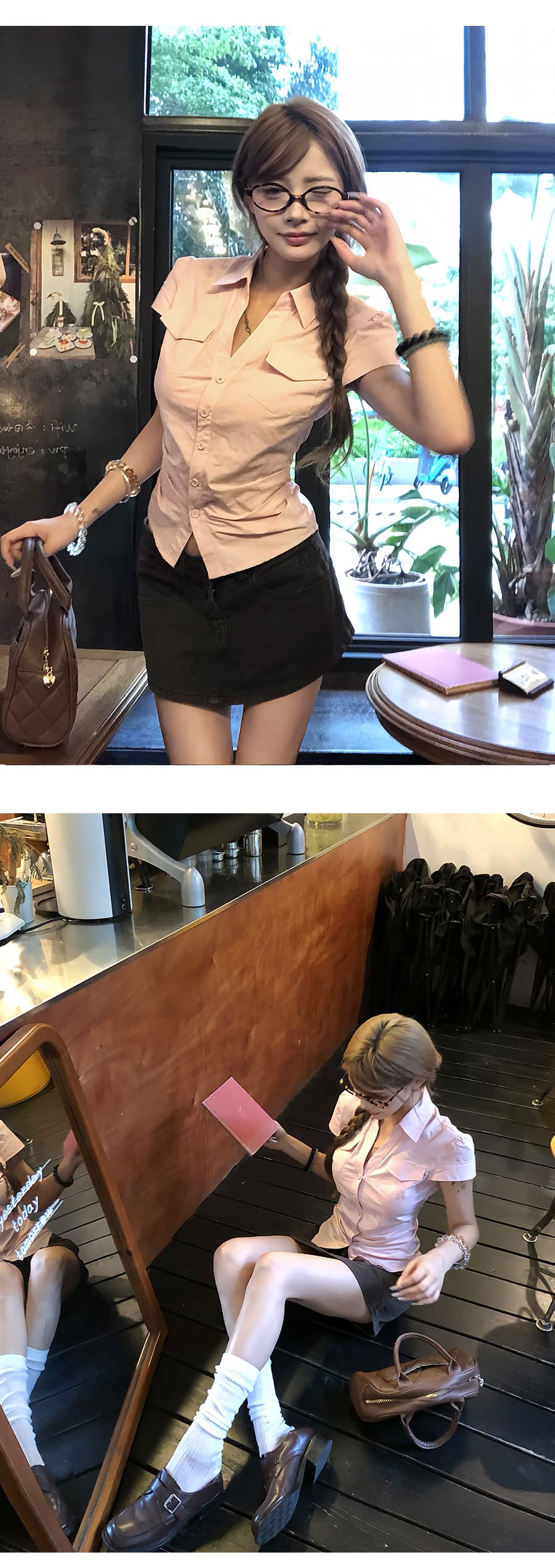 순면 원단 고급 센스 격자 무늬 셔츠 여름 핫걸 허리 수축 몸매 가꾸기 품격 반팔 맨위 여성 상세 이미지 9