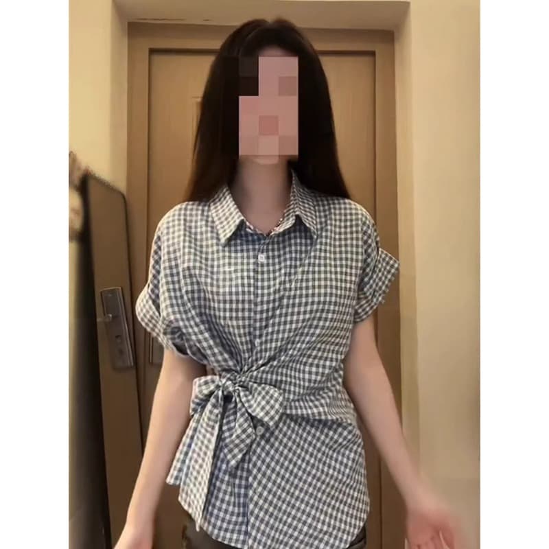 체크무늬 나비 매듭 스트랩 POLO 칼라 반팔 여성 셔츠 여름 작은 키 몸매 가꾸기 고급 캐주얼 맨위 이미지 3