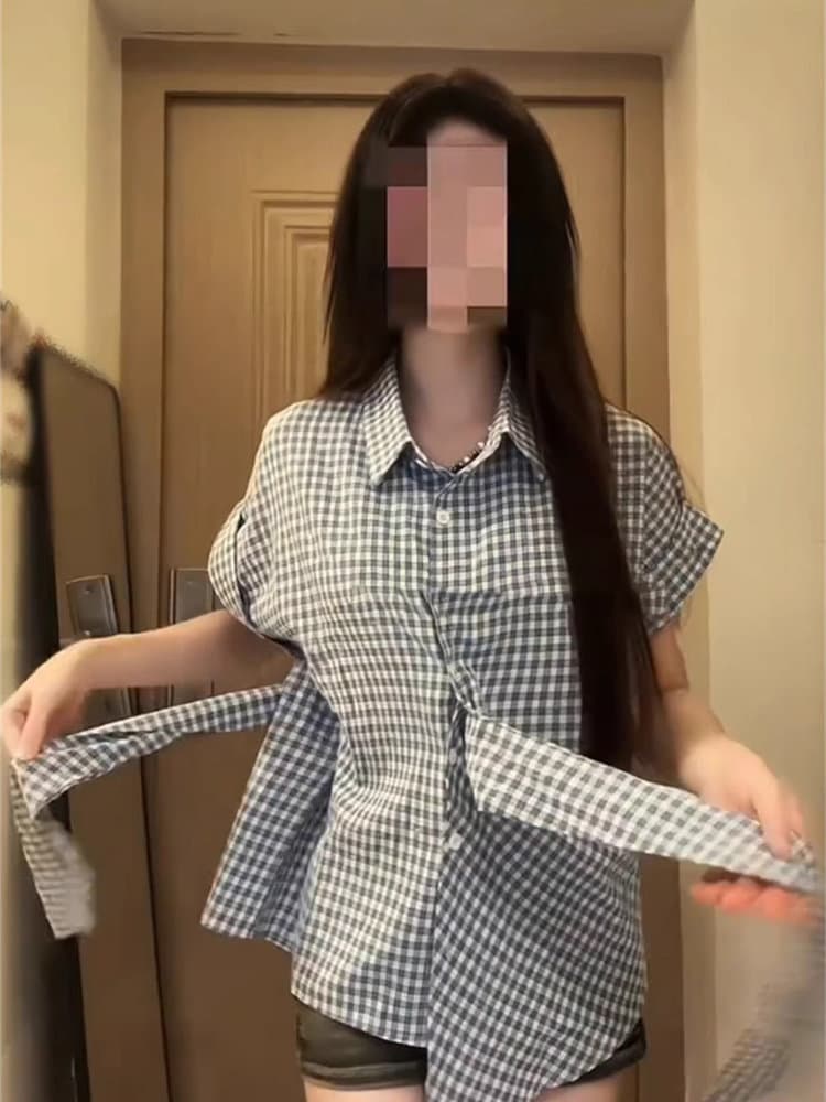 프랑스식 반팔 POLO 칼라 셔츠 여름 디자인 센스 허리 수축 슬림해 보이는 불규칙 레이스업 체크무늬 맨위 상세 이미지 7