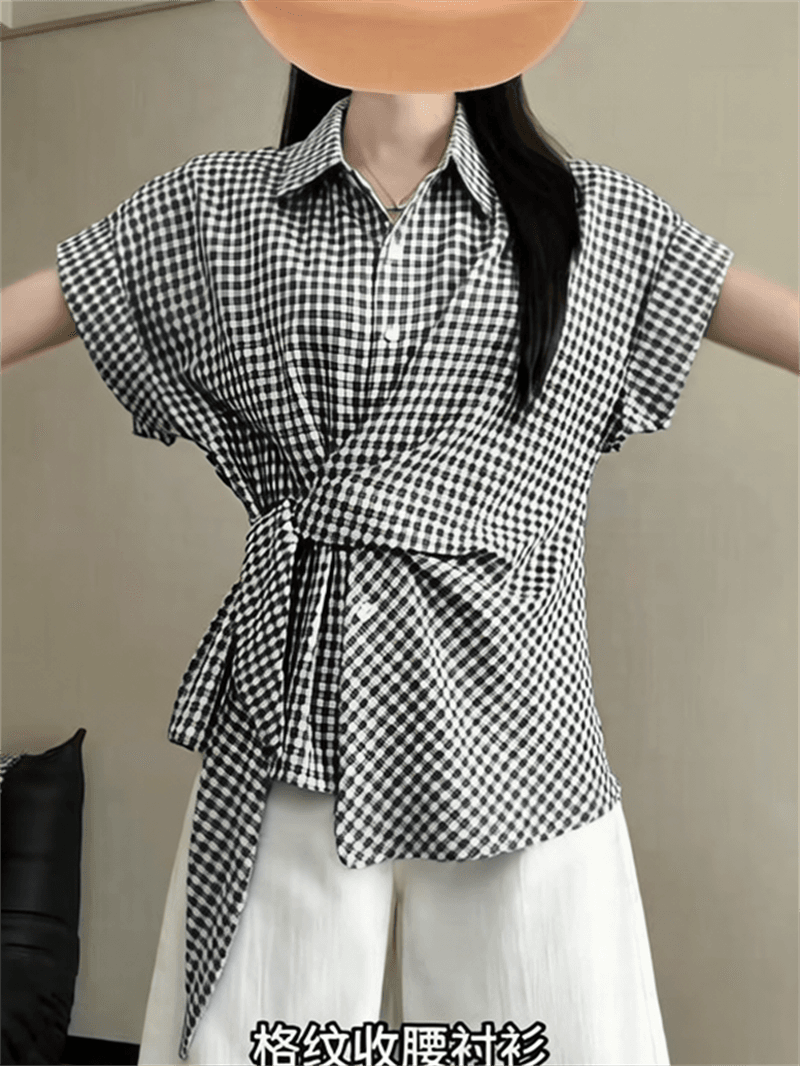 한 부서 체크무늬 나비 매듭 스트랩 POLO 칼라 반팔 여성 셔츠 여름 몸매 가꾸기 고급 센스 캐주얼 맨위 상세 이미지 7