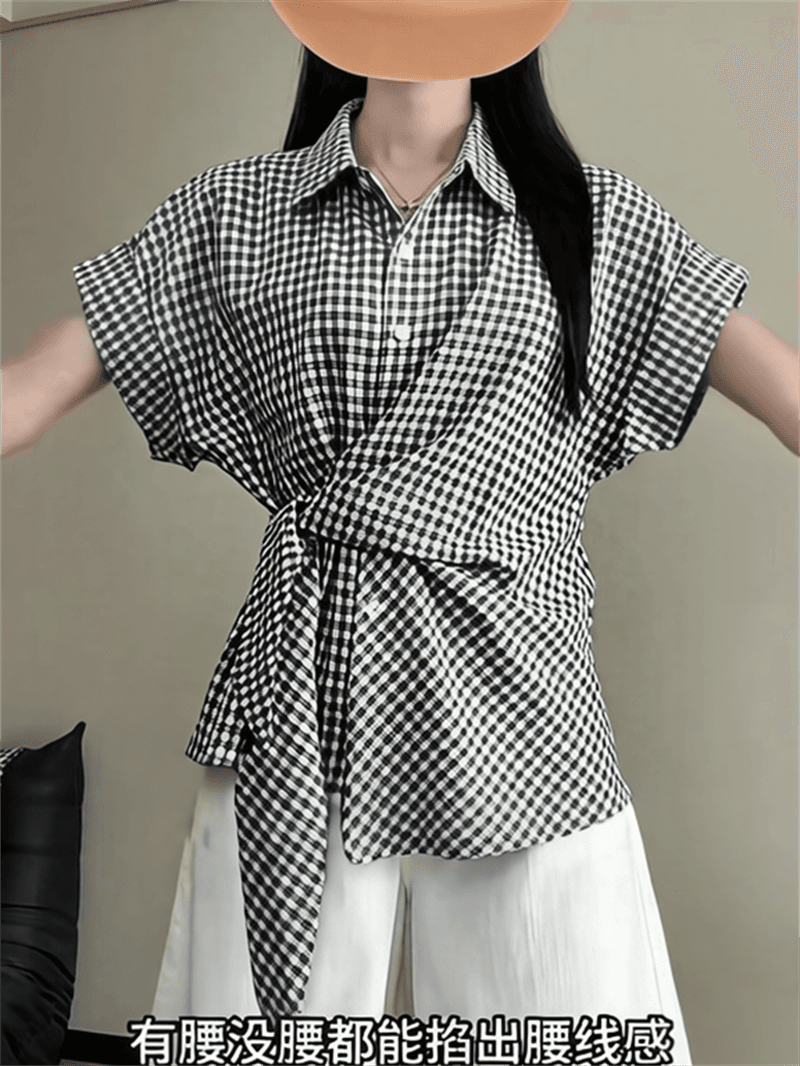 한 부서 체크무늬 나비 매듭 스트랩 POLO 칼라 반팔 여성 셔츠 여름 몸매 가꾸기 고급 센스 캐주얼 맨위 상세 이미지 10