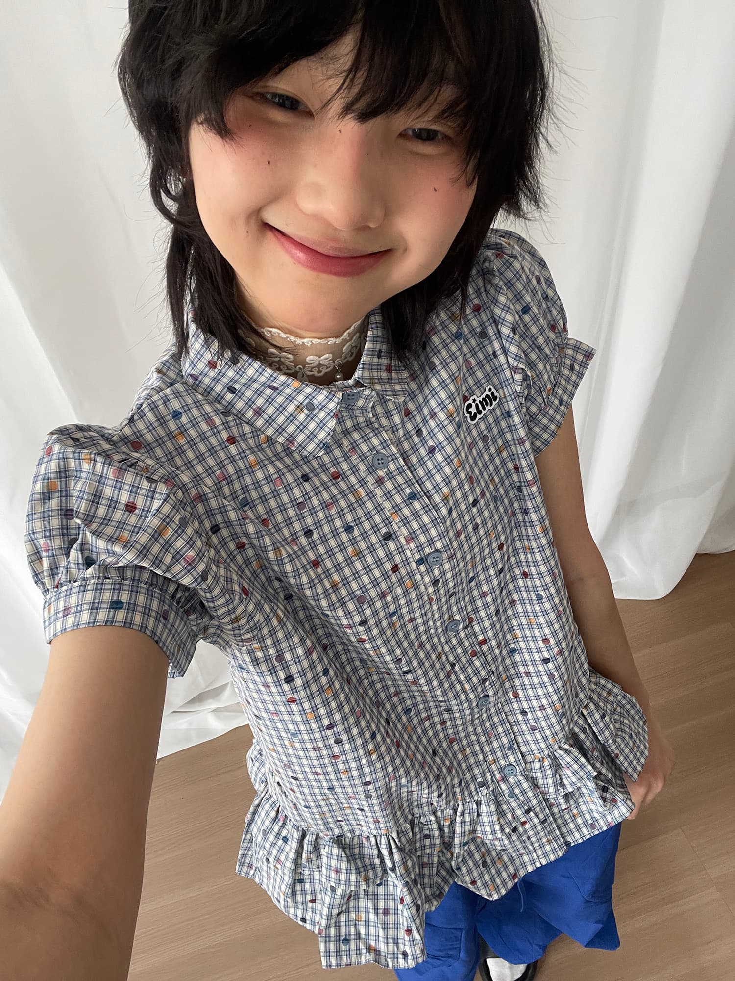 한 부서 색상 도트 무늬 체크무늬 여성 셔츠 거품 소매 프릴 학원 스타일 디자인 센스 작은 대중 맨위 트렌디 상세 이미지 8