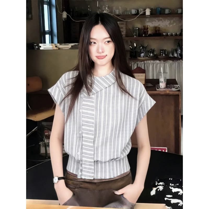 원본 레이스 자카드 원단 자이언트 잘 생긴 ~ 중 격자 무늬 셔츠 여름 리본 셔츠 작은 날다 소매 맨위