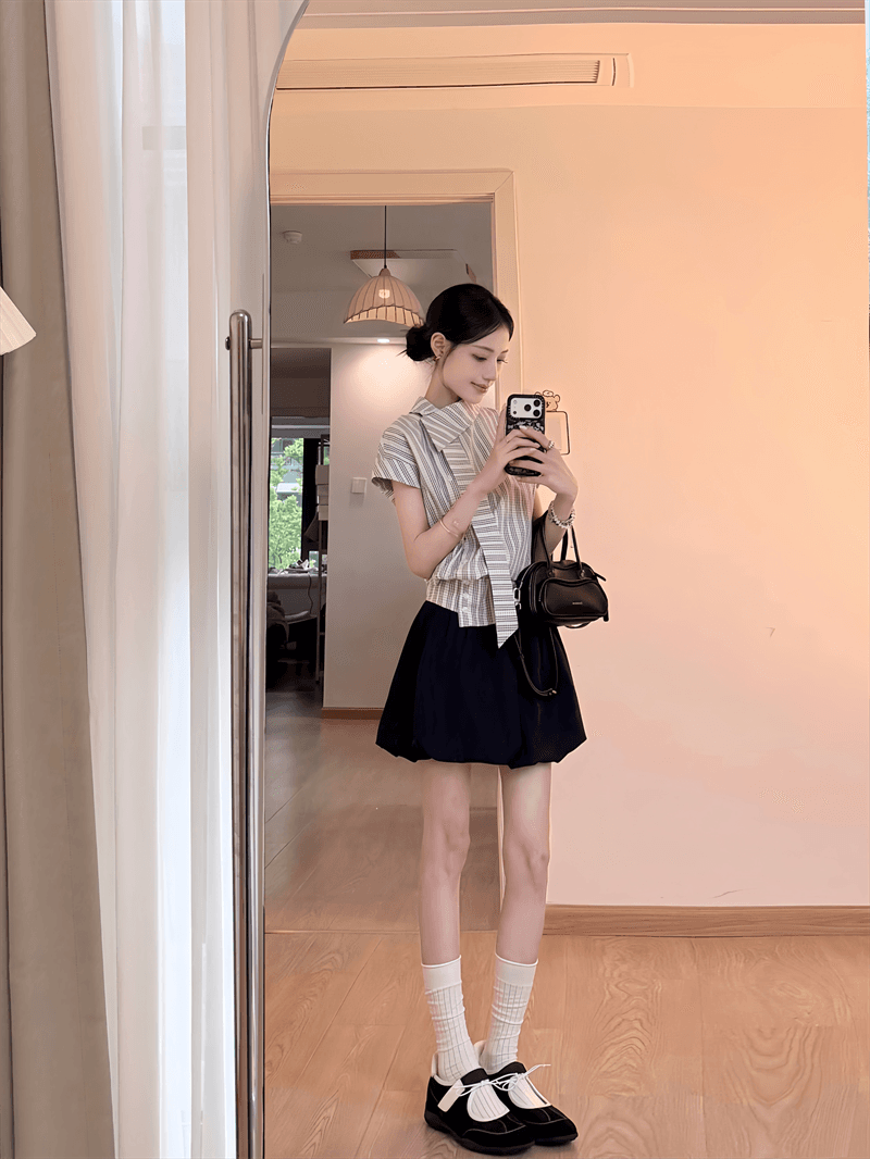 원본 레이스 자카드 원단 불규칙 체크무늬 스트라이프 여성 셔츠 여름 연령 감소 그레이트 봐. 의류 상세 이미지 3