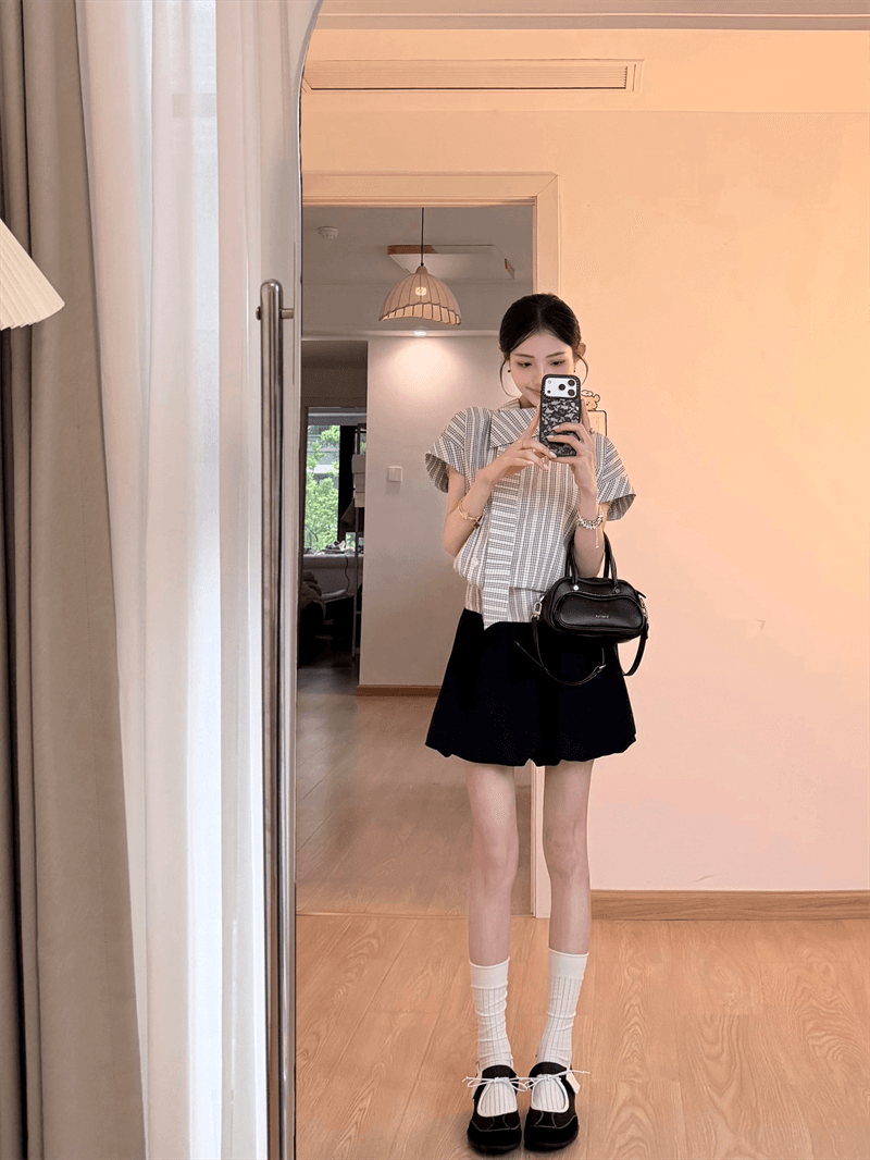 원본 레이스 자카드 원단 불규칙 체크무늬 스트라이프 여성 셔츠 여름 연령 감소 그레이트 봐. 의류 상세 이미지 4