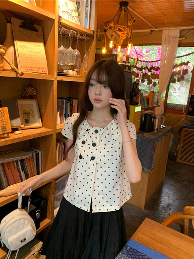 한 부서 레트로 도트 무늬 전체 인쇄 반팔 여성 셔츠 여름 몸매 가꾸기 슬림해 보이는 디자인 센스 캐주얼 맨위 트렌디 상세 이미지 6