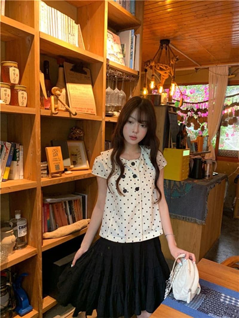 한 부서 레트로 도트 무늬 전체 인쇄 반팔 여성 셔츠 여름 몸매 가꾸기 슬림해 보이는 디자인 센스 캐주얼 맨위 트렌디 상세 이미지 11