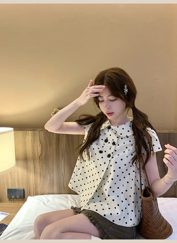 디자인 센스 도트 무늬 베이비 칼라 반팔 여성 셔츠 여름 작은 키 이중 버튼 디자인 센스 맨위 다용도 상세 이미지 10