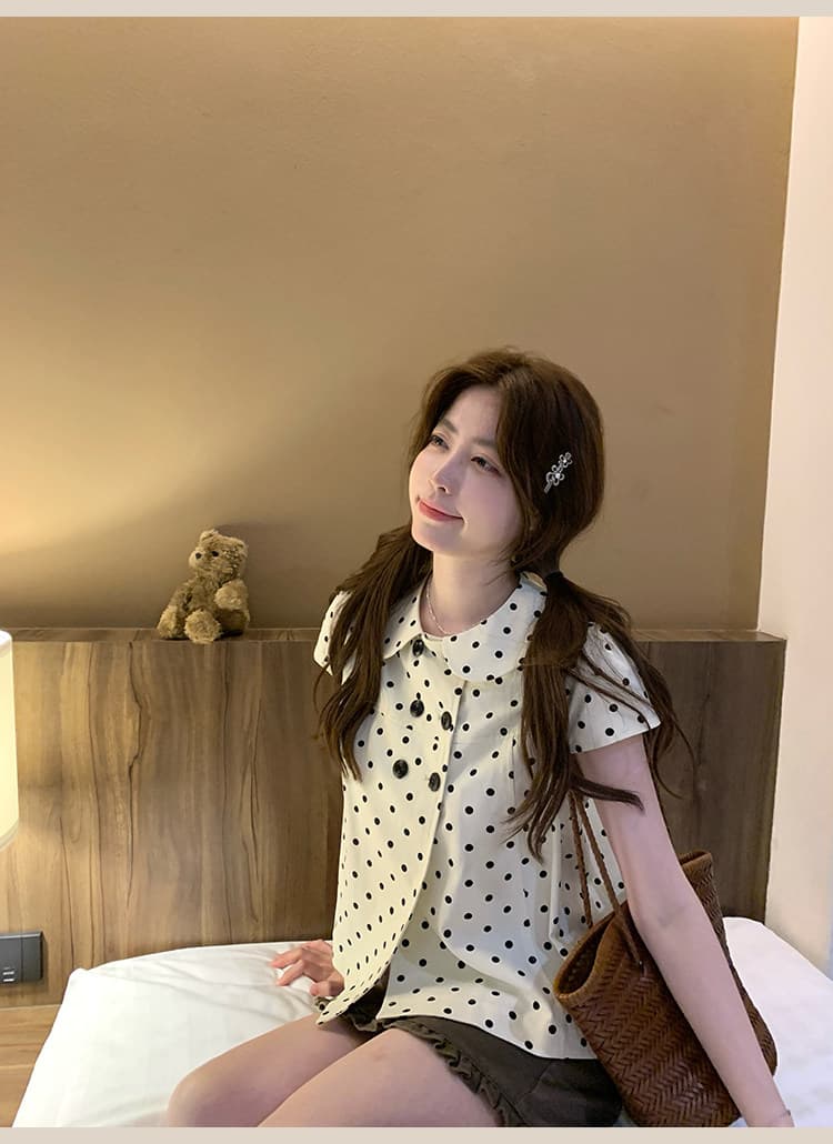 디자인 센스 도트 무늬 베이비 칼라 반팔 여성 셔츠 여름 작은 키 이중 버튼 디자인 센스 맨위 다용도 상세 이미지 15