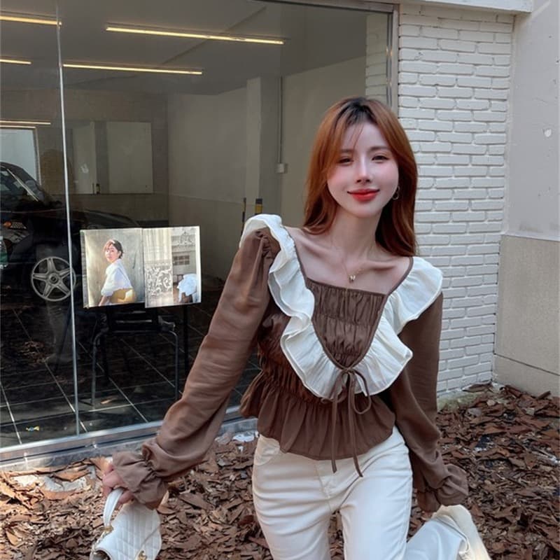빅 사이즈 여성 의류 프랑스식 프릴 검정색 긴팔 셔츠 새로운 지방 mm 표지 배 슬림해 보이는 작은 셔츠 맨위 이미지 5